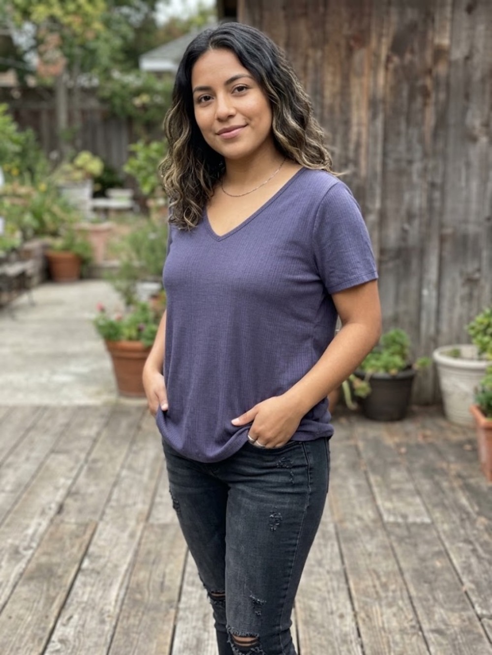 Old Navy Dark Blue Ribbed V-Neck Short Sleeve Tee